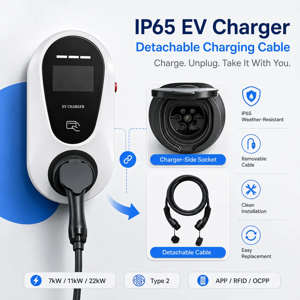 IP65 EV charger with detachable cable, Type 2, APP, RFID and OCPP