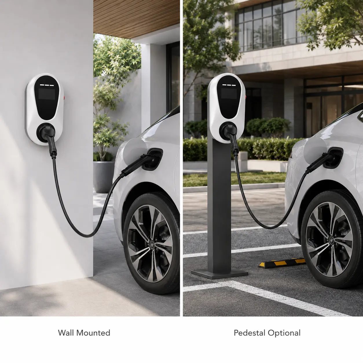 Wall mounted and pedestal EV charger installation for home and commercial parking