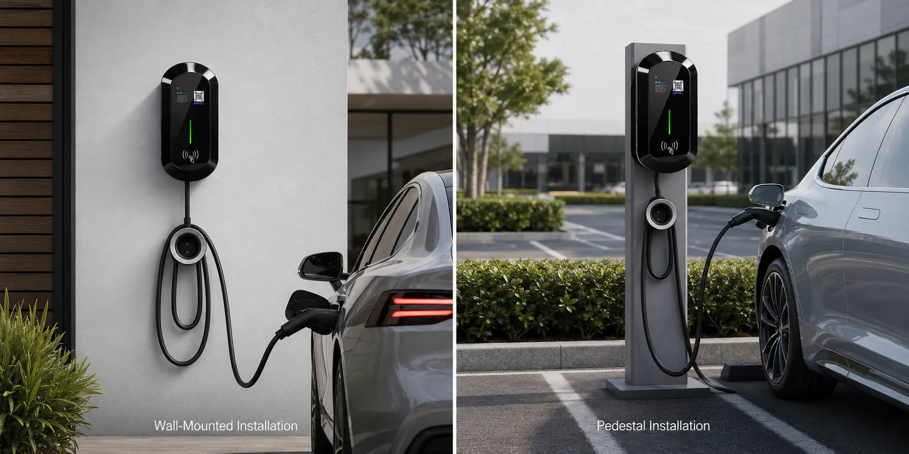 Wall-mounted and pedestal OCPP EV charging station installation