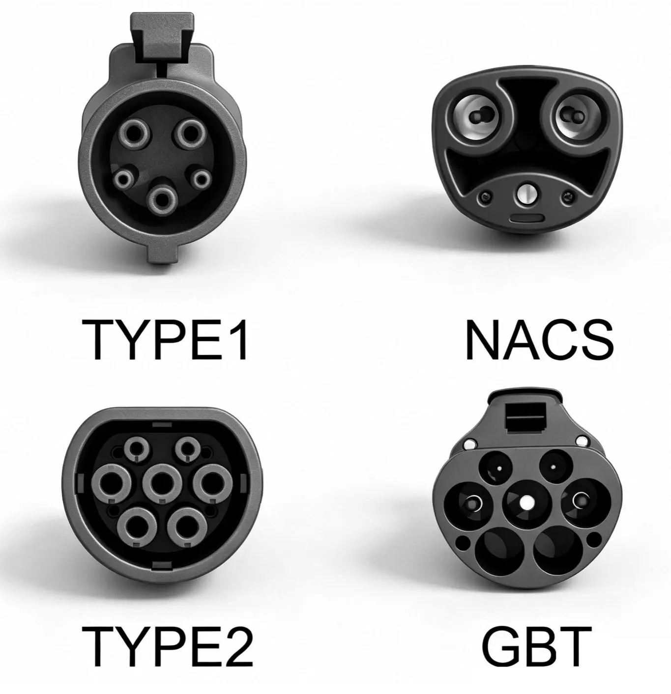 Type 1 Type 2 NACS and GB/T EV charging connector options