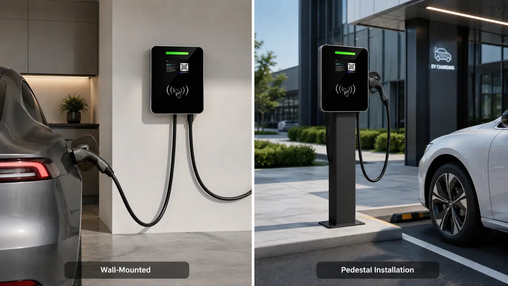Smart AC EV charger wall-mounted and pedestal installation
